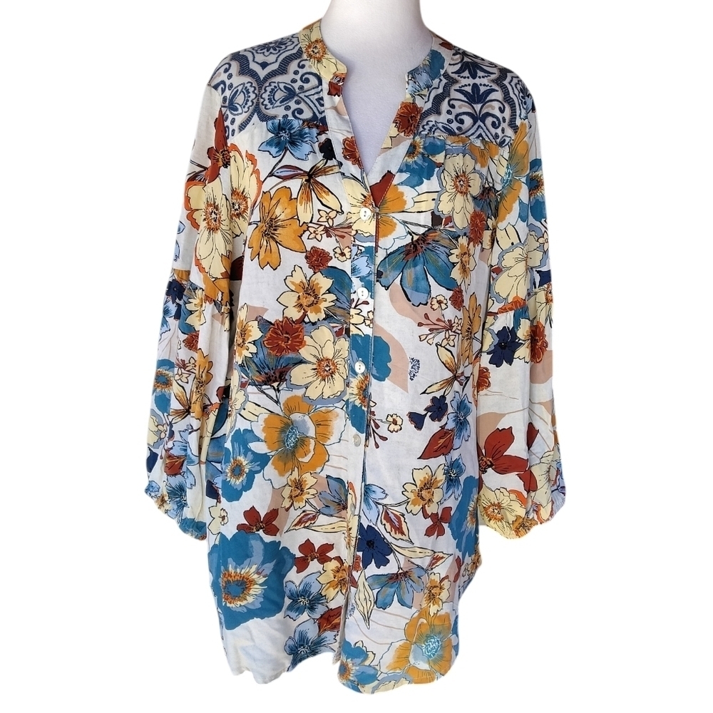 Anthropologie Figueroa & Flower Floral Boho Print Peasant Blouse Size Large